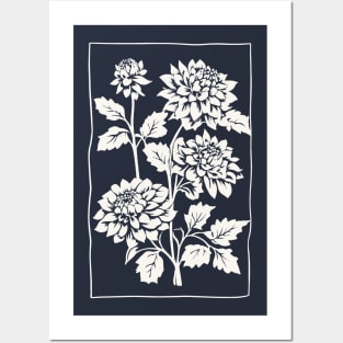 Dahlia Flowers Block Print Posters and Art